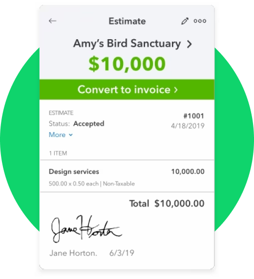 Shows an estimate that is personalized and allows for easy convert to invoice.